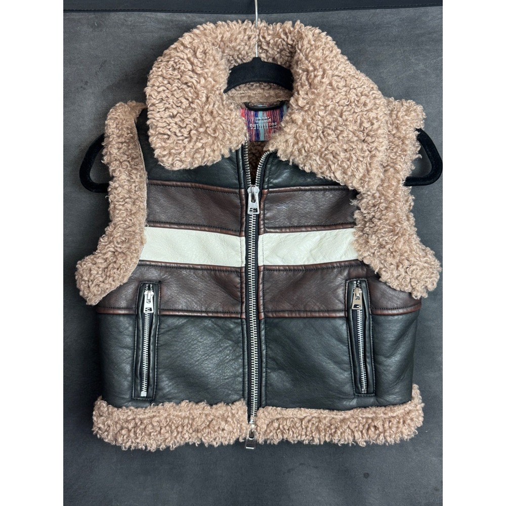 Urban Outfitters Faux Leather Shearling Vest XS Brown Black White Moto Aviator
